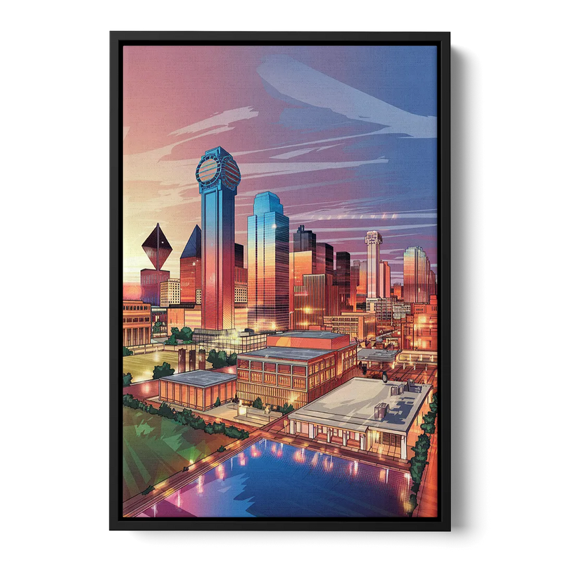 Dallas Downtown Views Front - Black Canvas Wall Art