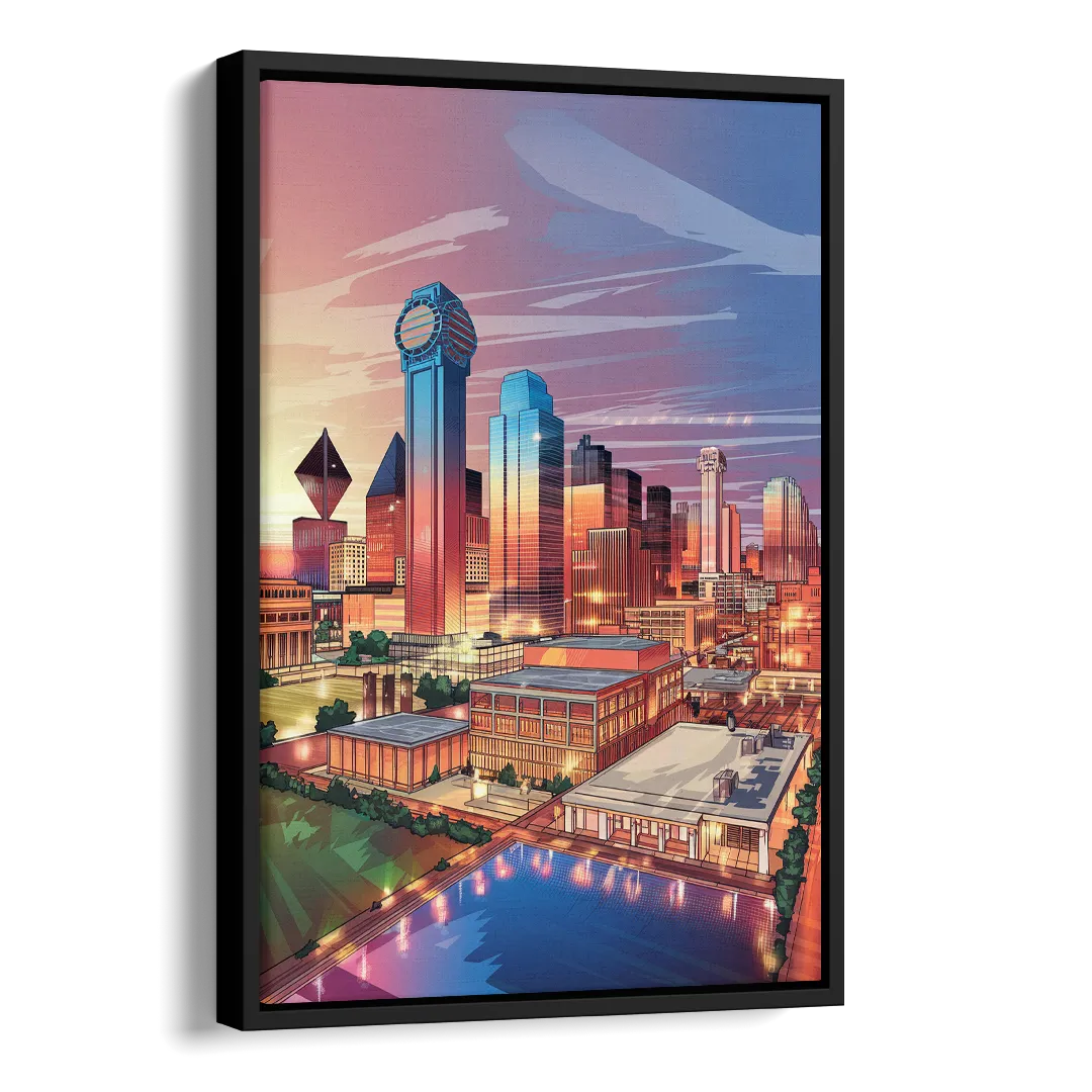 Dallas Downtown Views Side - Black Canvas Wall Art