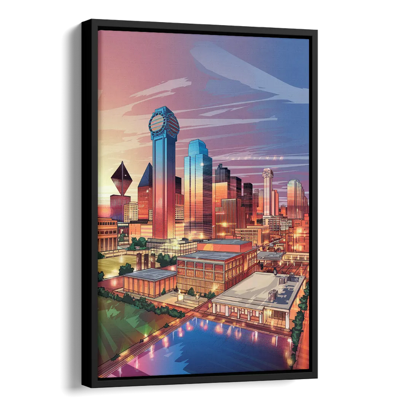 Dallas Downtown Views Side - Black Canvas Wall Art