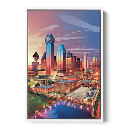 Dallas Downtown Views Front - White Canvas Wall Art