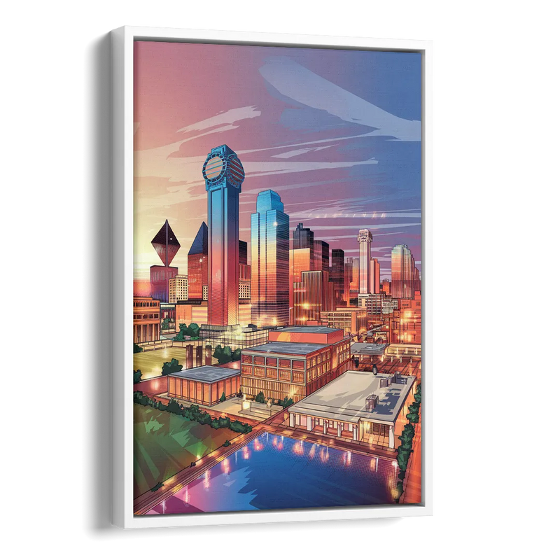 Dallas Downtown Views Side - White Canvas Wall Art