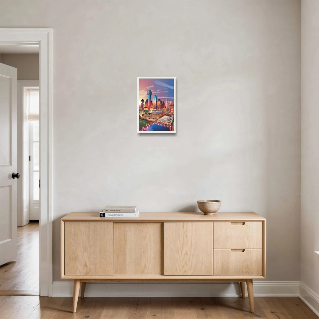 Dallas Downtown Views - White Framed Canvas Wall Art - Coffee Table - 12x18