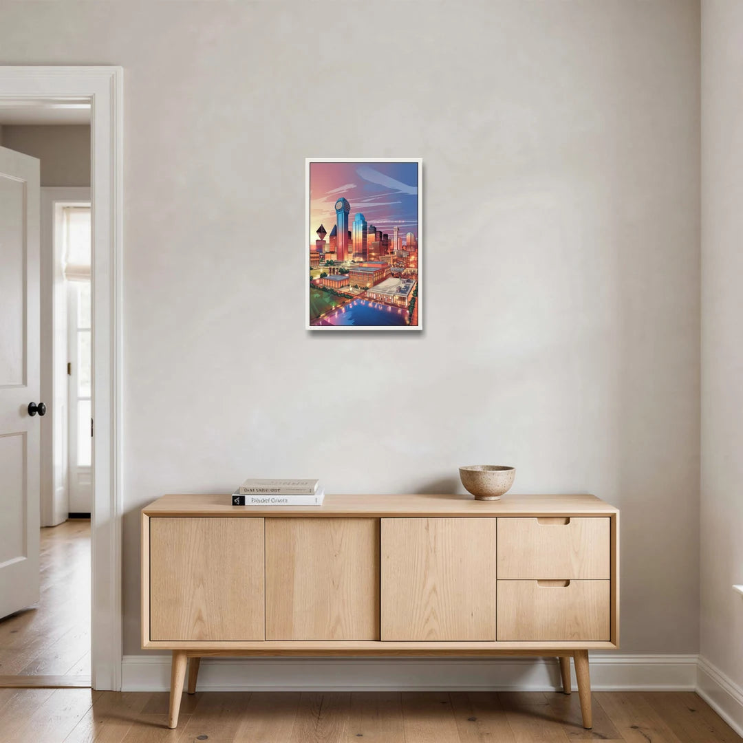 Dallas Downtown Views - White Framed Canvas Wall Art - Coffee Table - 16x24