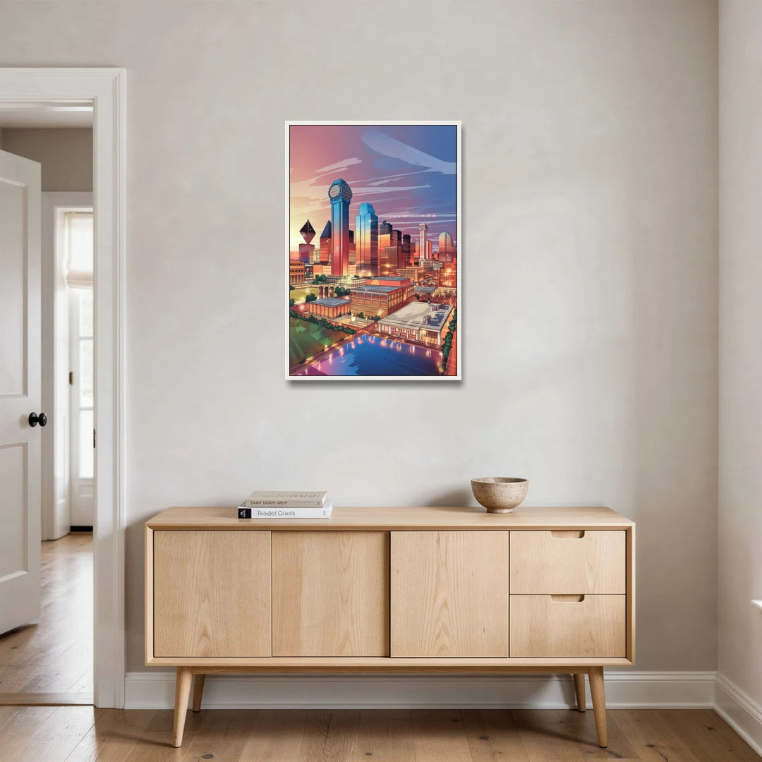 Dallas Downtown Views - White Framed Canvas Wall Art - Coffee Table - 24x36