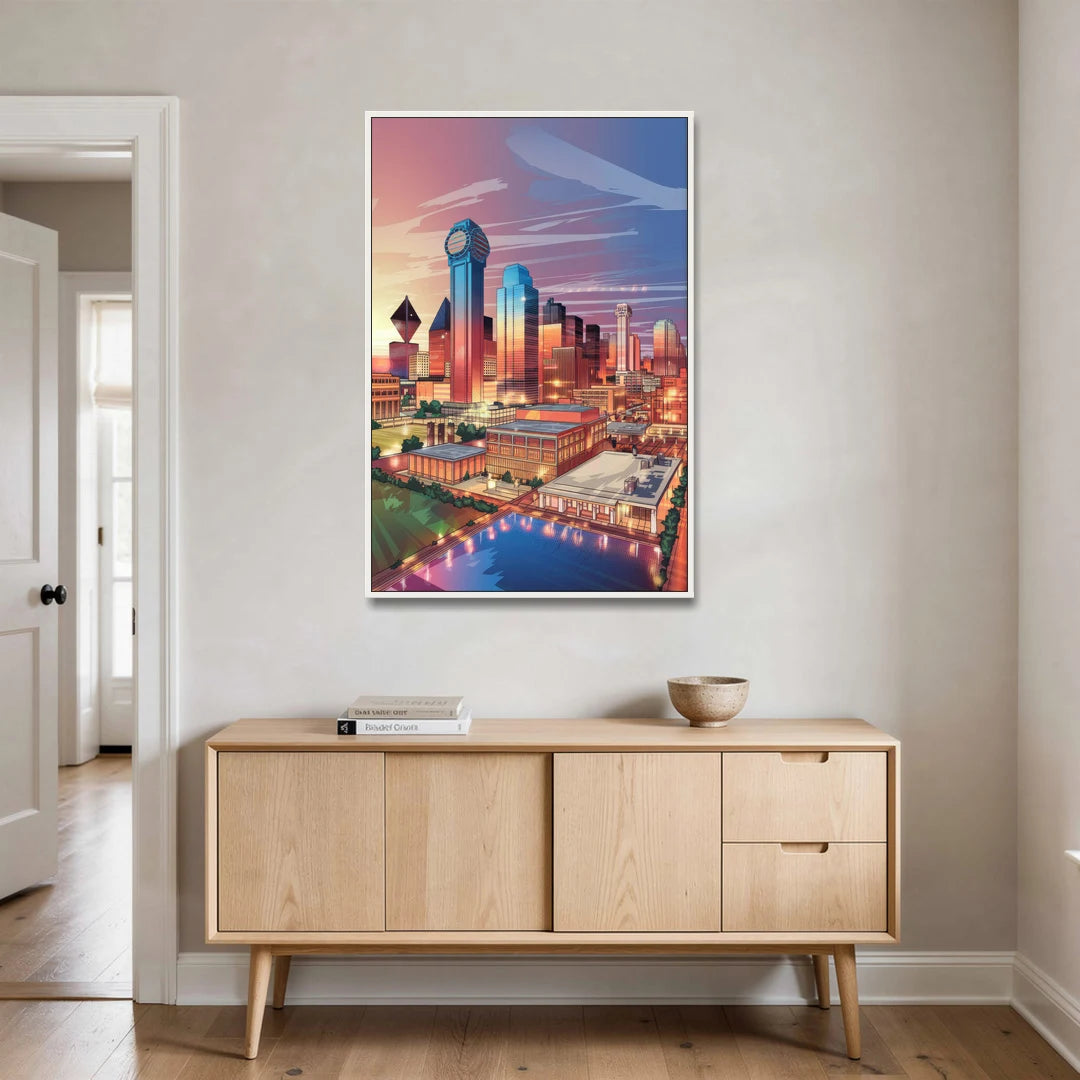 Dallas Downtown Views - White Framed Canvas Wall Art - Coffee Table - 32x48