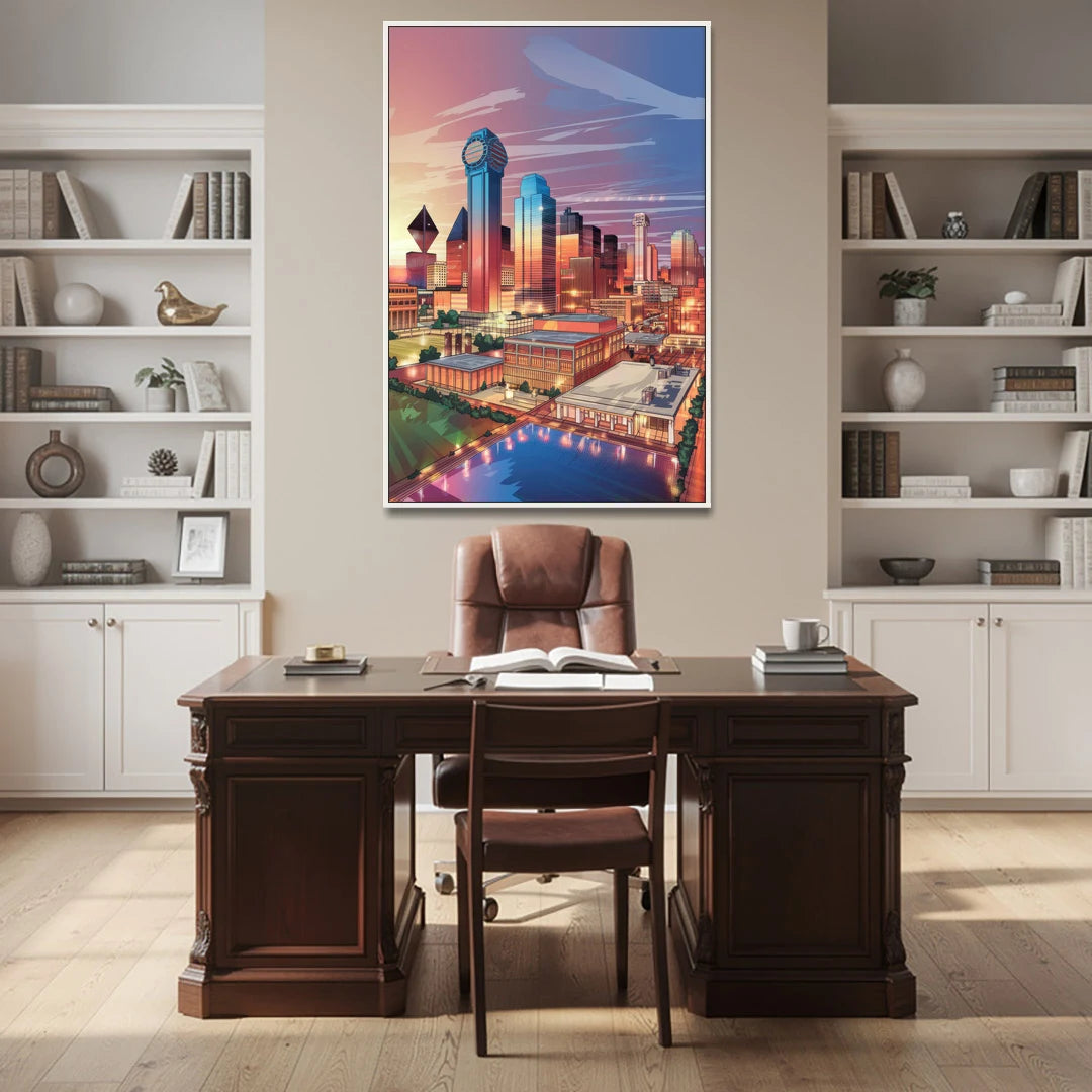 Dallas Downtown Views - White Framed Canvas Wall Art - Office - 40x60