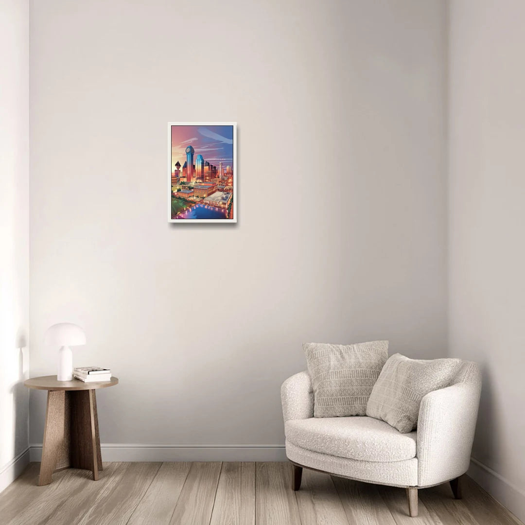 Dallas Downtown Views - White Framed Canvas Wall Art - Sofa - 12x18