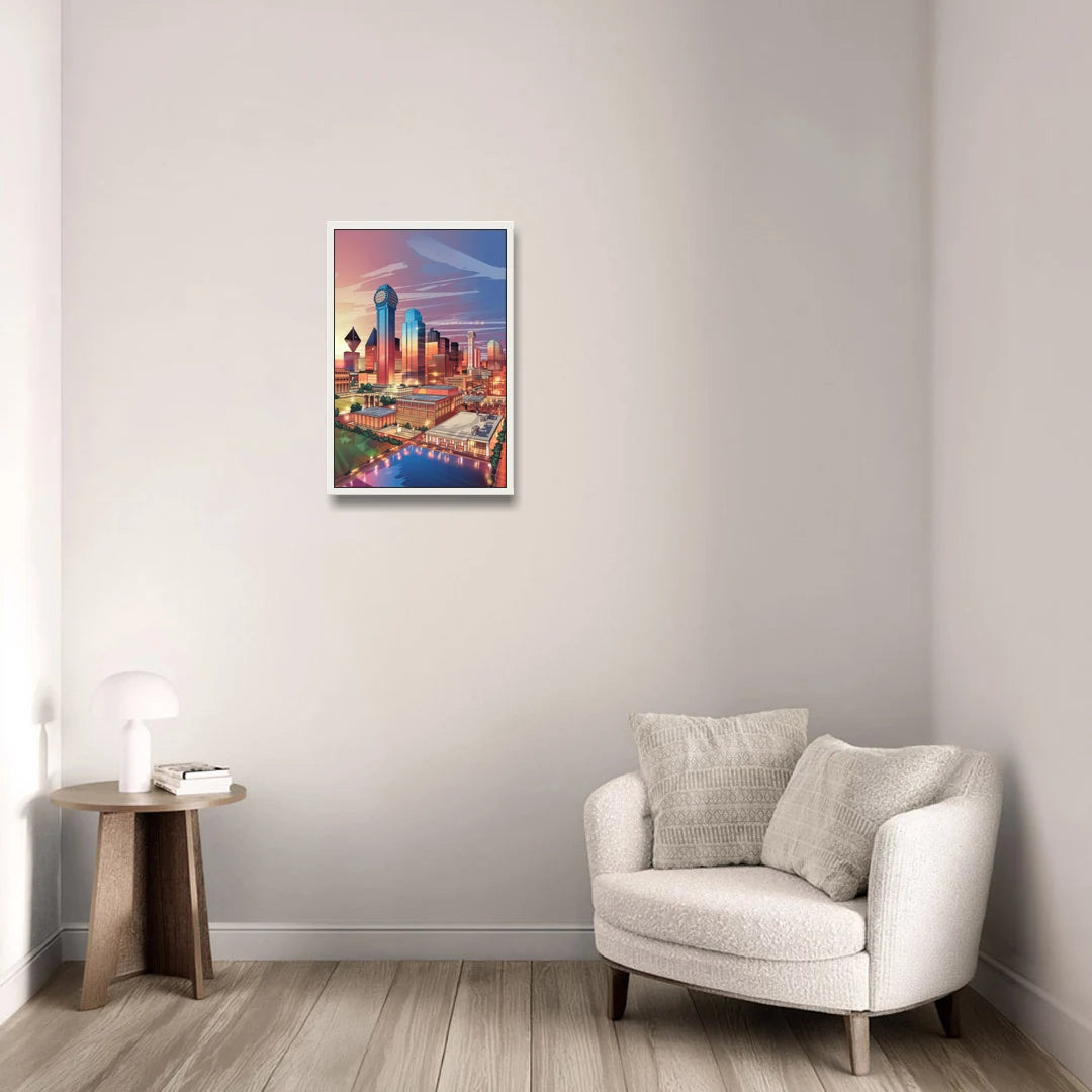 Dallas Downtown Views - White Framed Canvas Wall Art - Sofa - 16x24