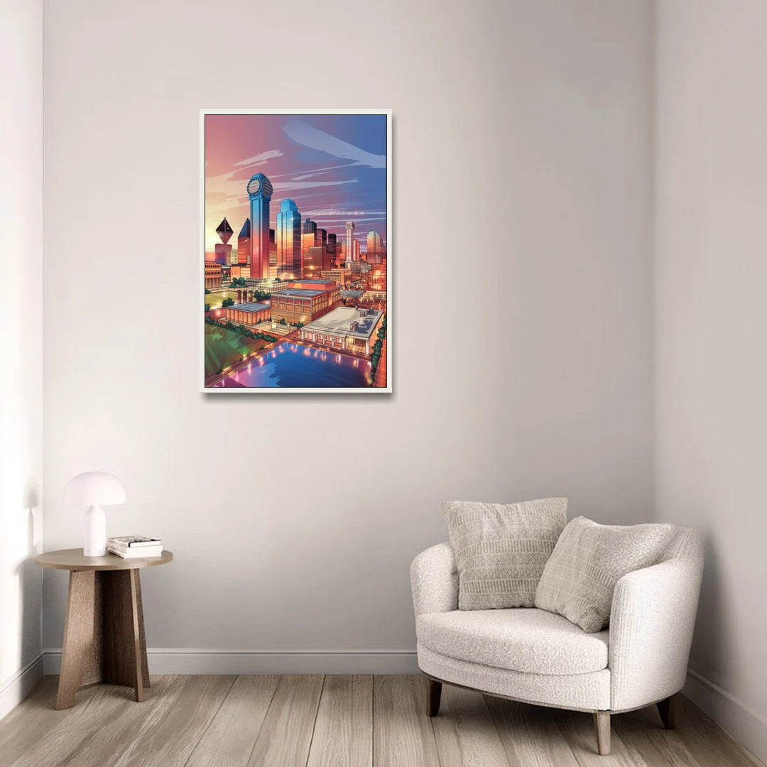 Dallas Downtown Views - White Framed Canvas Wall Art - Sofa - 24x36