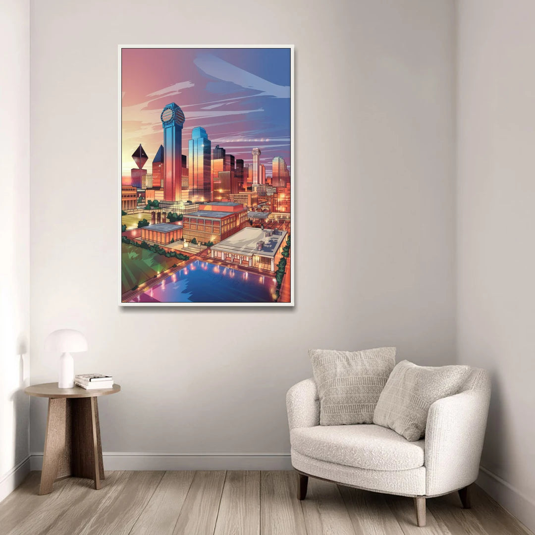 Dallas Downtown Views - White Framed Canvas Wall Art - Sofa - 32x48