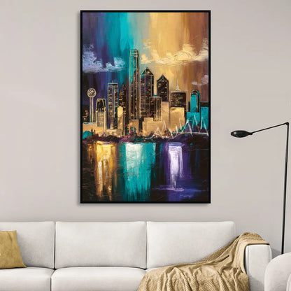 Dallas Iconic Skyline Sitting Room - Black Canvas Wall Art