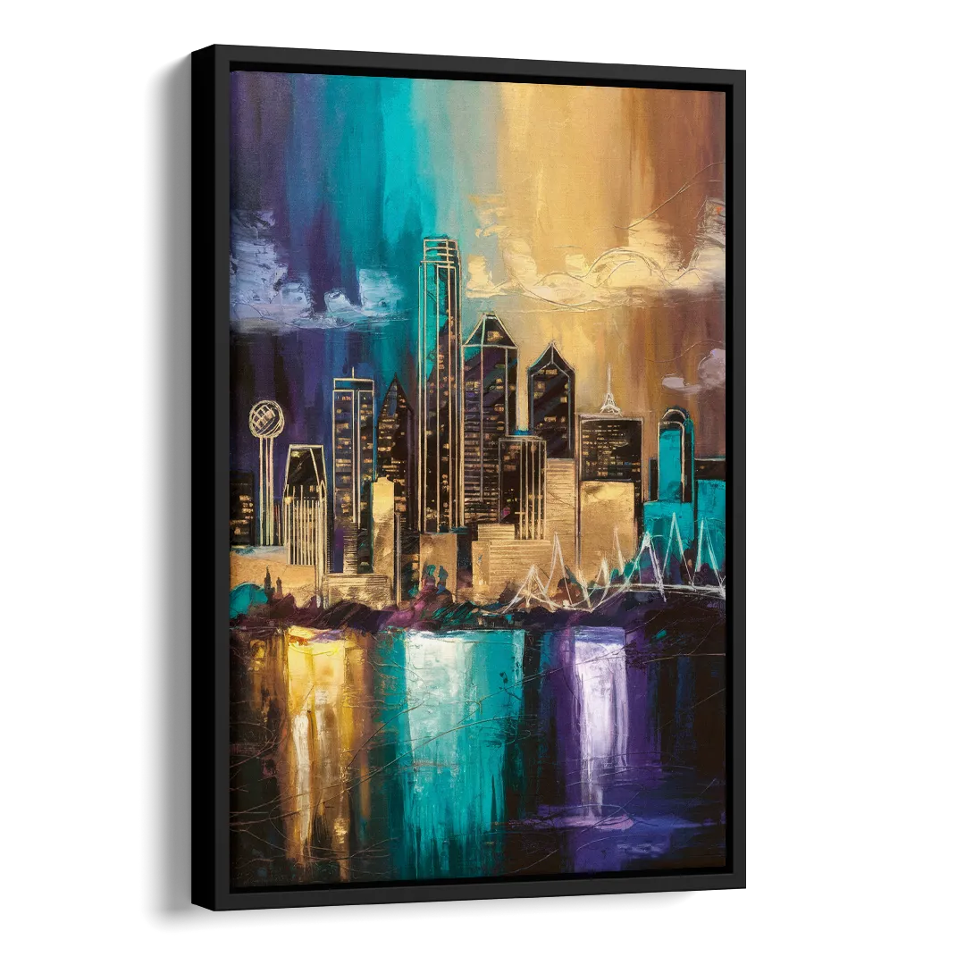 Dallas Iconic Skyline Side - Black Canvas Wall Art