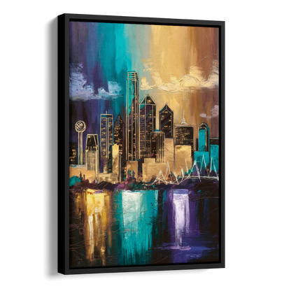 Dallas Iconic Skyline Side - Black Canvas Wall Art