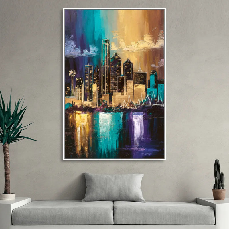 Dallas Iconic Skyline Sitting Room - White Canvas Wall Art