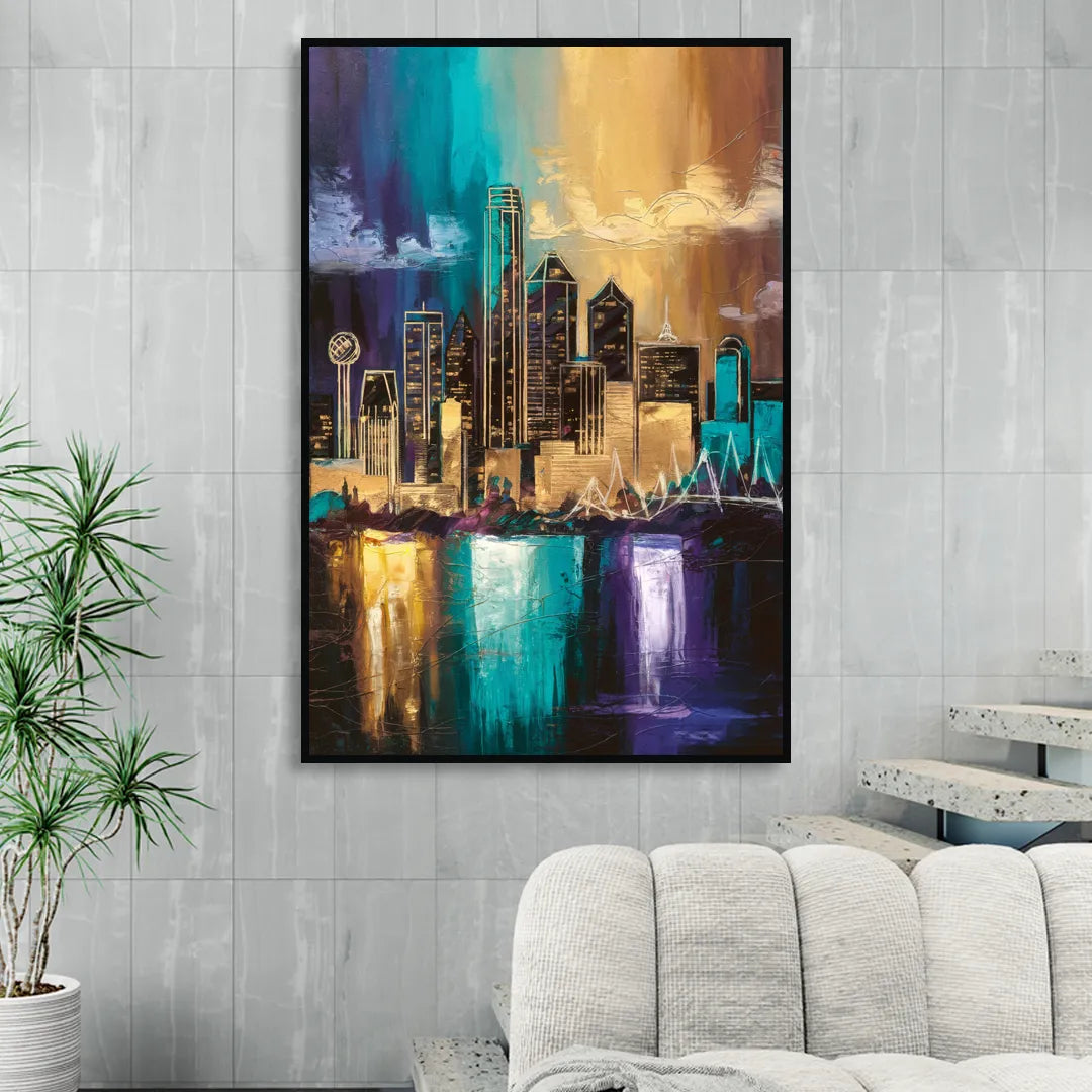 Dallas Iconic Skyline Living Room - Black Canvas Wall Art