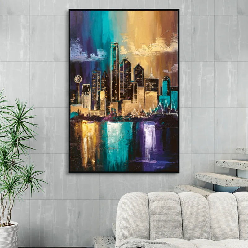 Dallas Iconic Skyline Living Room - Black Canvas Wall Art