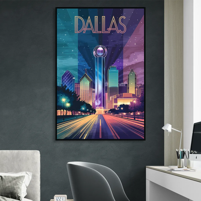 Dallas Night Lights Living Room - Black Canvas Wall Art