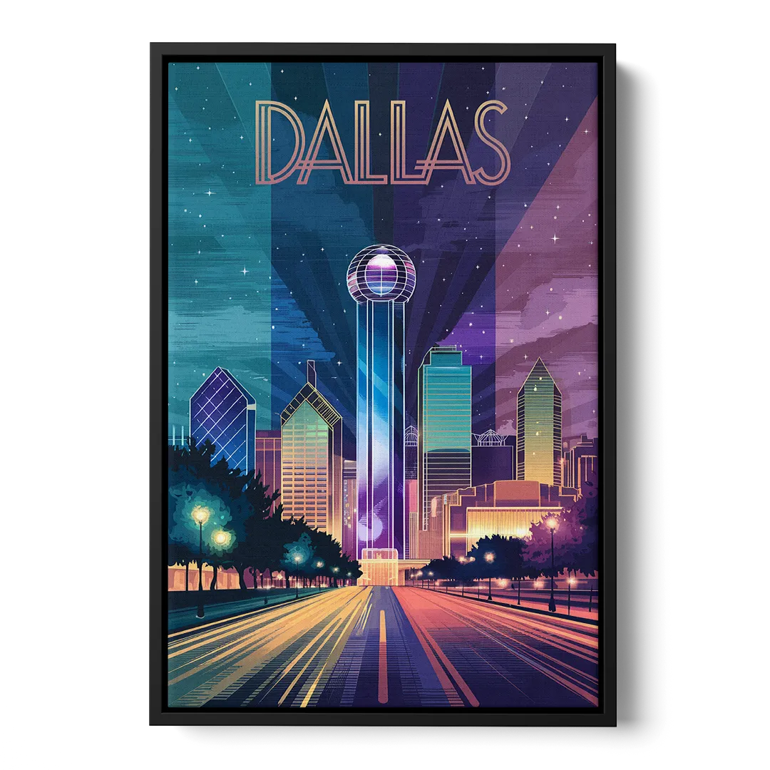 Dallas Night Lights Front - Black Canvas Wall Art