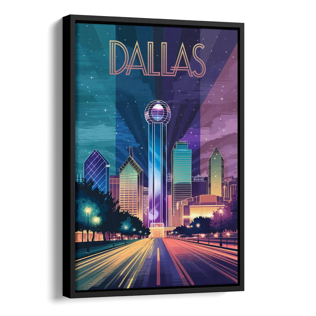 Dallas Night Lights Side - Black Canvas Wall Art