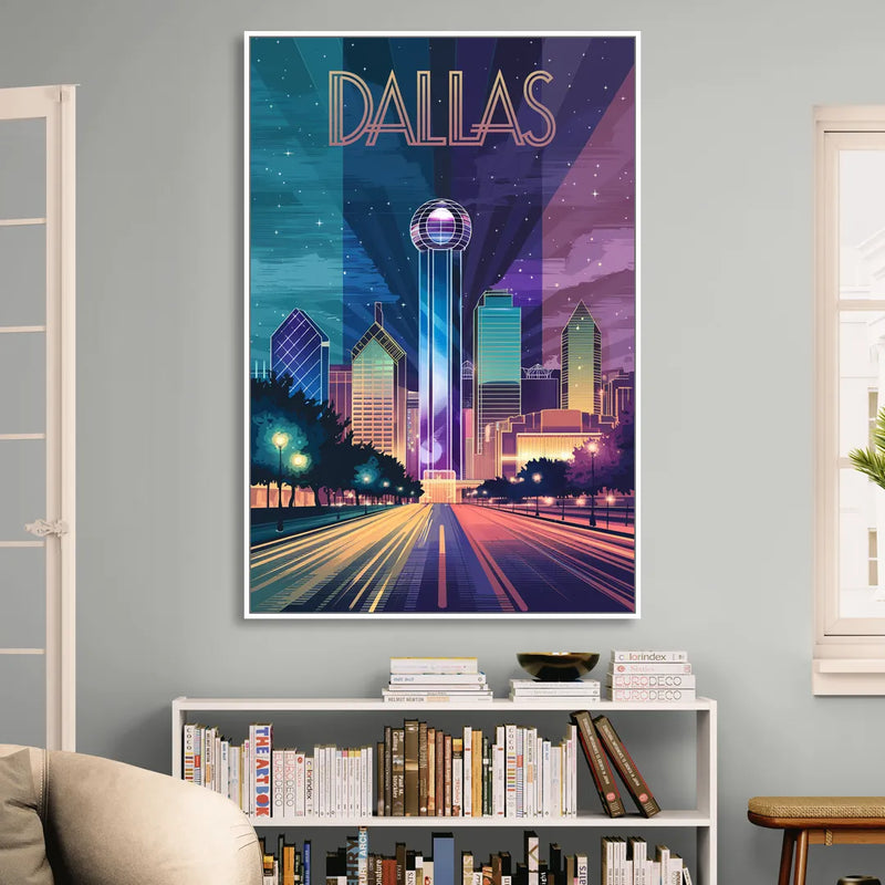 Dallas Night Lights Sitting Room - White Canvas Wall Art
