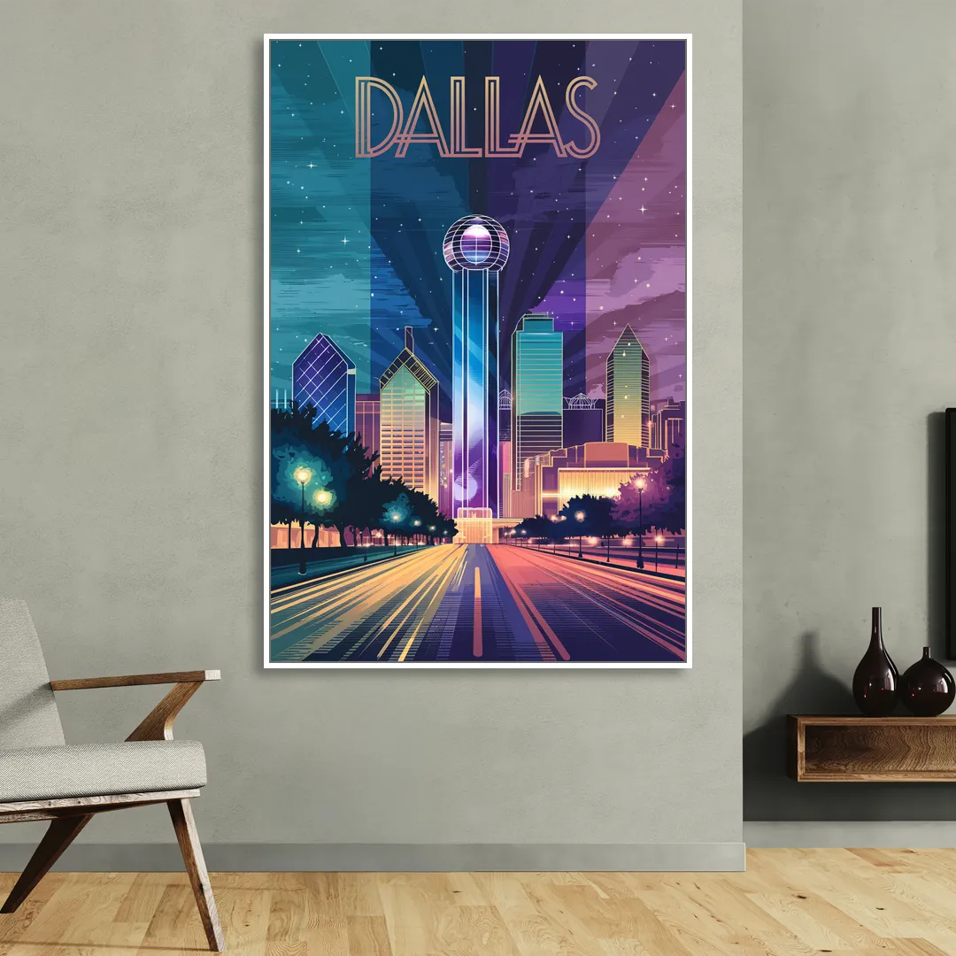 Dallas Night Lights Living Room - White Canvas Wall Art