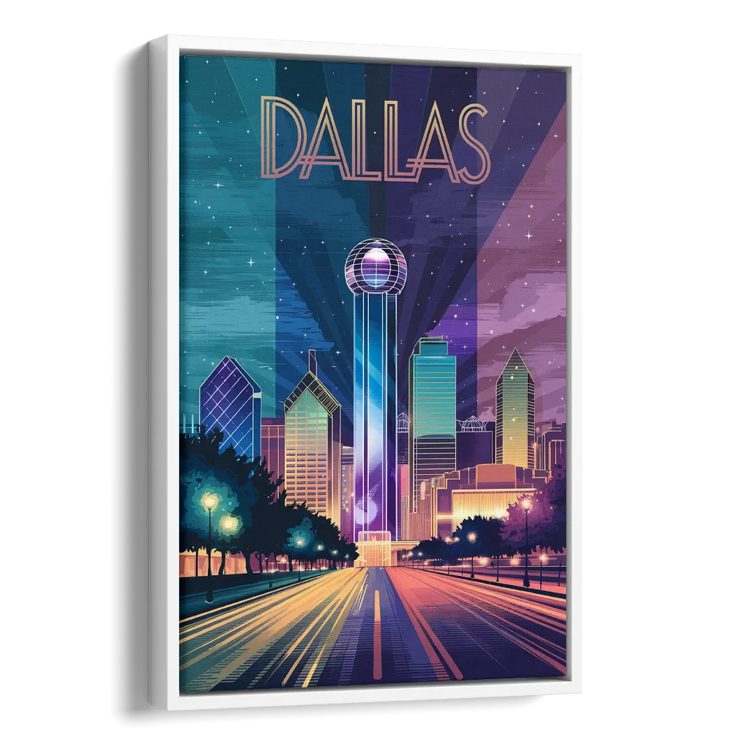 Dallas Night Lights Side - White Canvas Wall Art