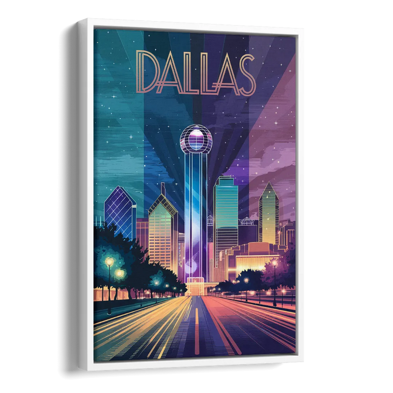 Dallas Night Lights Side - White Canvas Wall Art