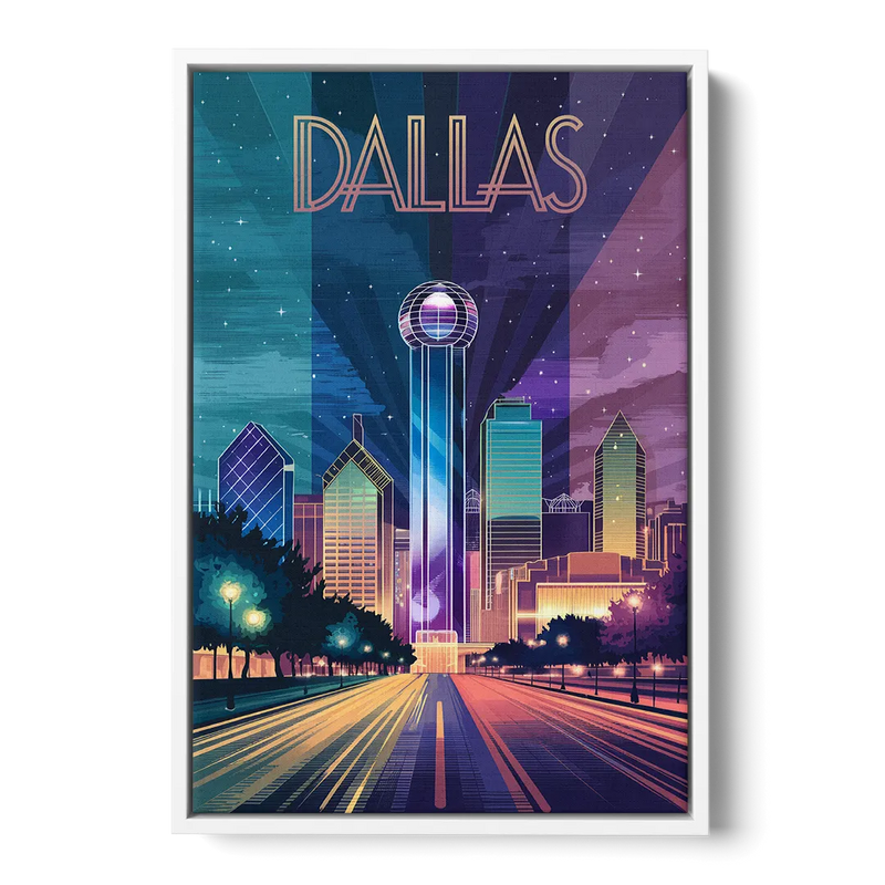 Dallas Night Lights Front - White Canvas Wall Art