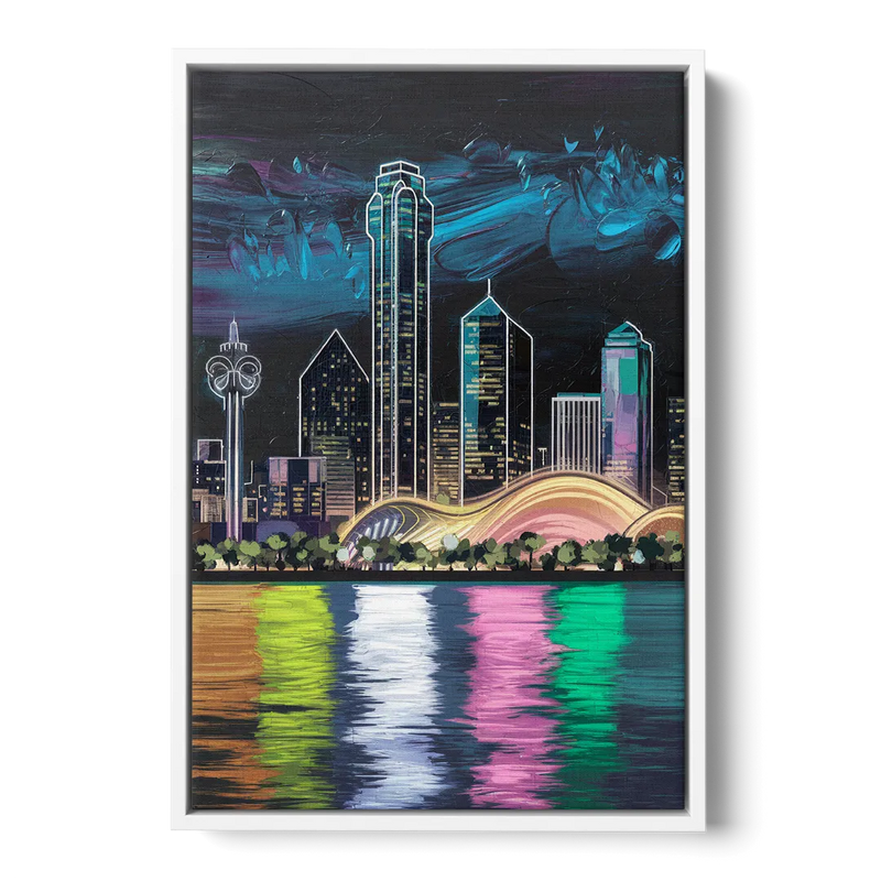 Dallas Skyline Reflection Front - White Canvas Wall Art