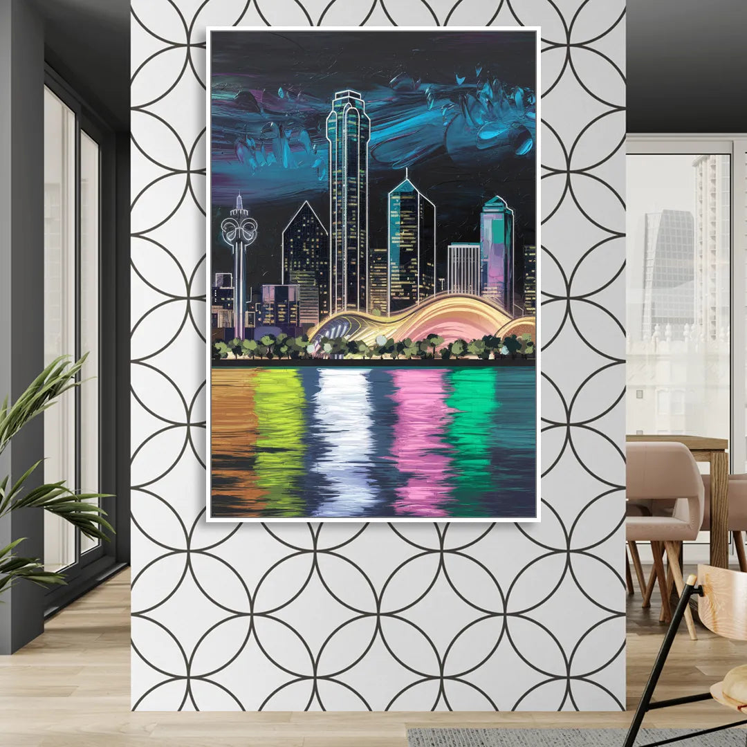 Dallas Skyline Reflection Living Room - White Canvas Wall Art