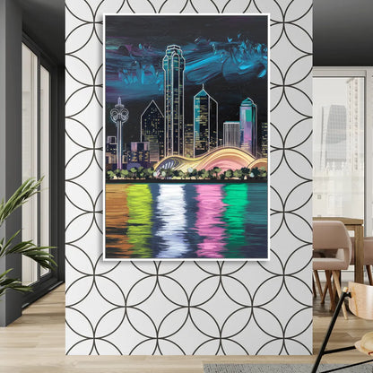 Dallas Skyline Reflection Living Room - White Canvas Wall Art