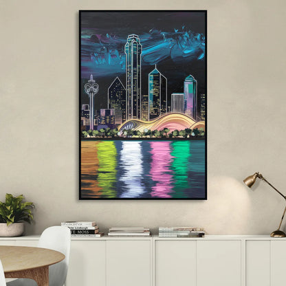 Dallas Skyline Reflection Sitting Room - Black Canvas Wall Art