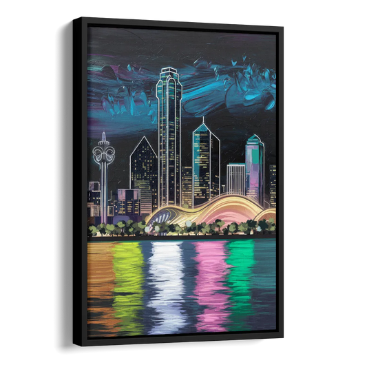 Dallas Skyline Reflection Side - Black Canvas Wall Art