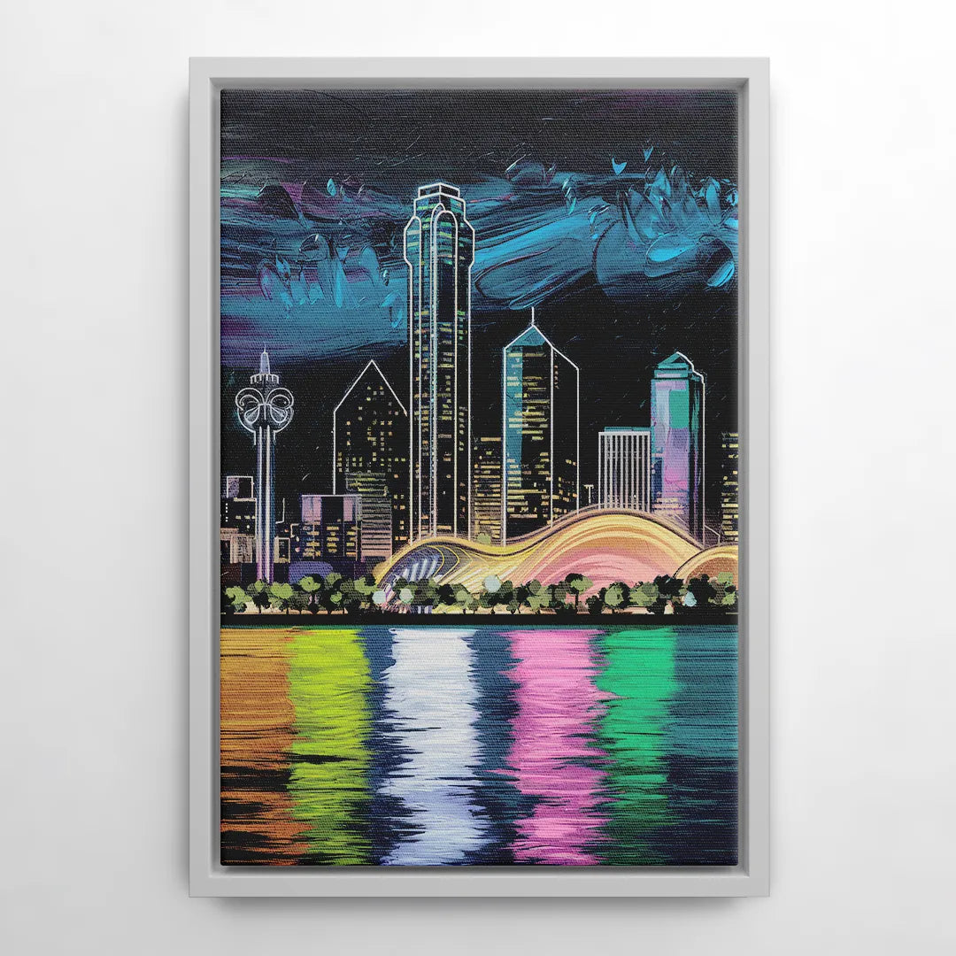 Dallas Skyline Reflection - White Frame Canvas