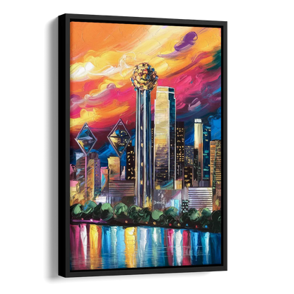 Dallas Skyline at Sunset Side - Black Canvas Wall Art