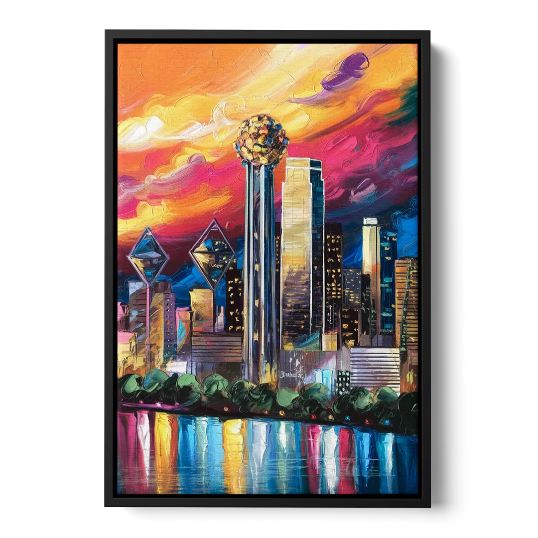 Dallas Skyline at Sunset Front - Black Canvas Wall Art