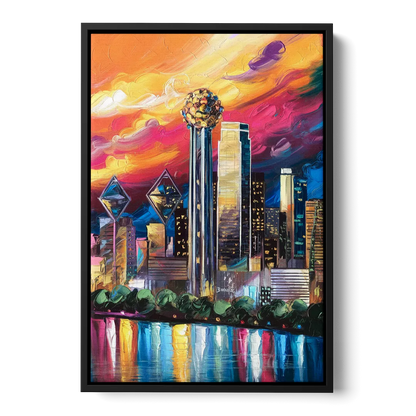 Dallas Skyline at Sunset Front - Black Canvas Wall Art