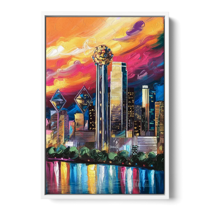 Dallas Skyline at Sunset Front - White Canvas Wall Art