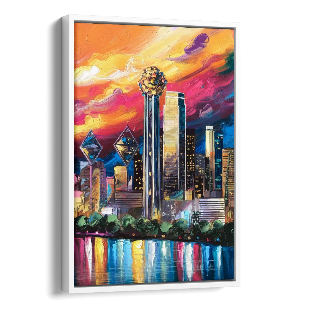 Dallas Skyline at Sunset Side - White Canvas Wall Art
