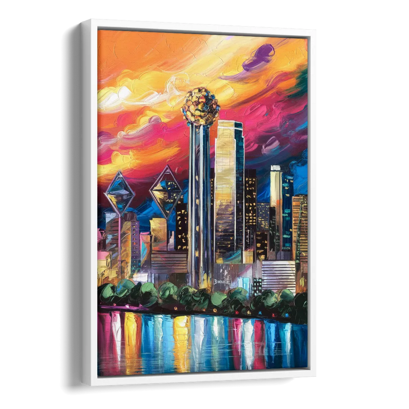 Dallas Skyline at Sunset Side - White Canvas Wall Art