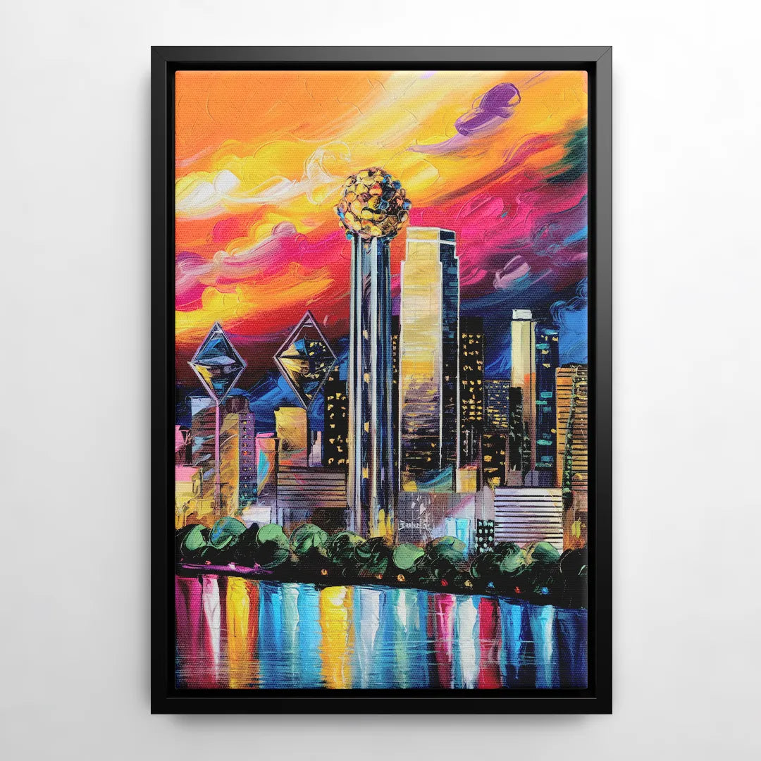Dallas Skyline at Sunset - Black Frame Canvas
