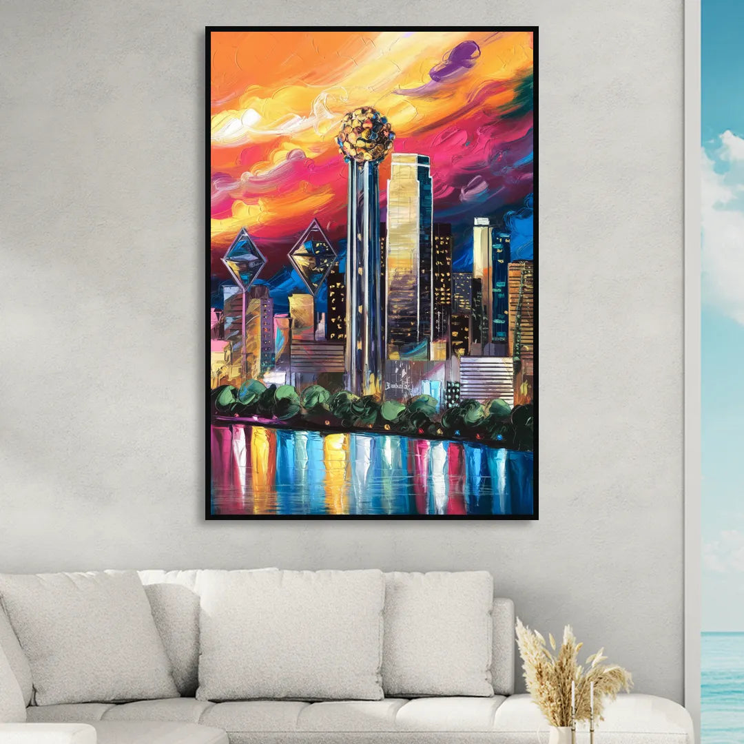 Dallas Skyline at Sunset Sitting Room - Black Canvas Wall Art