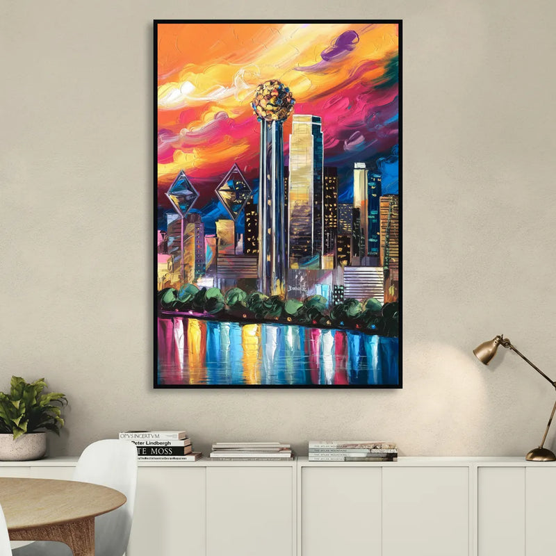 Dallas Skyline at Sunset Living Room - Black Canvas Wall Art