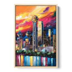 Dallas Skyline at Sunset - Oak Framed Canvas Wall Art - Front