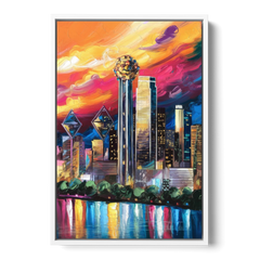 Dallas Skyline at Sunset - White Framed Canvas Wall Art - Front