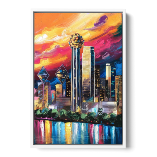 Dallas Skyline at Sunset - White Framed Canvas Wall Art - Front