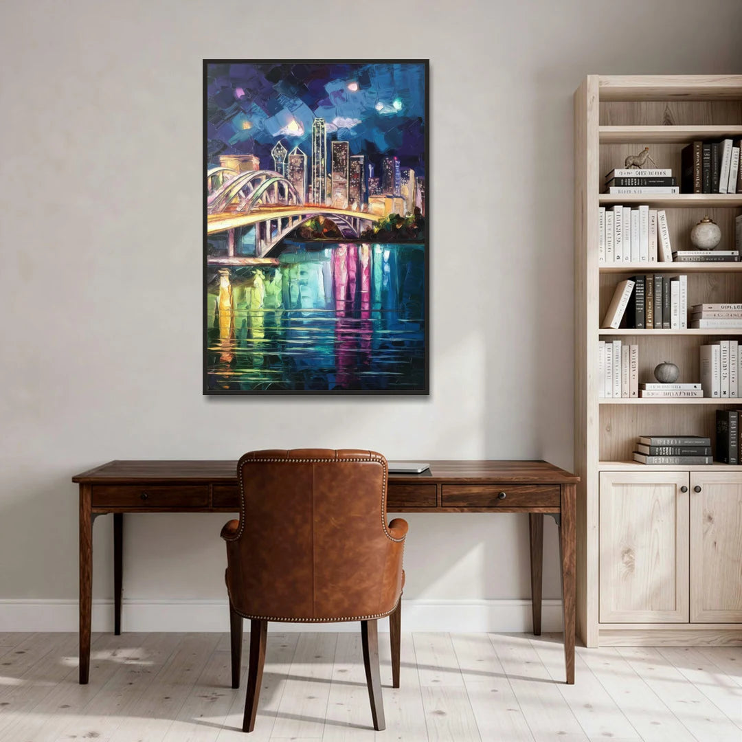 Dallas Trinity River Bridge - Black Framed Canvas Wall Art - Office - 32x48