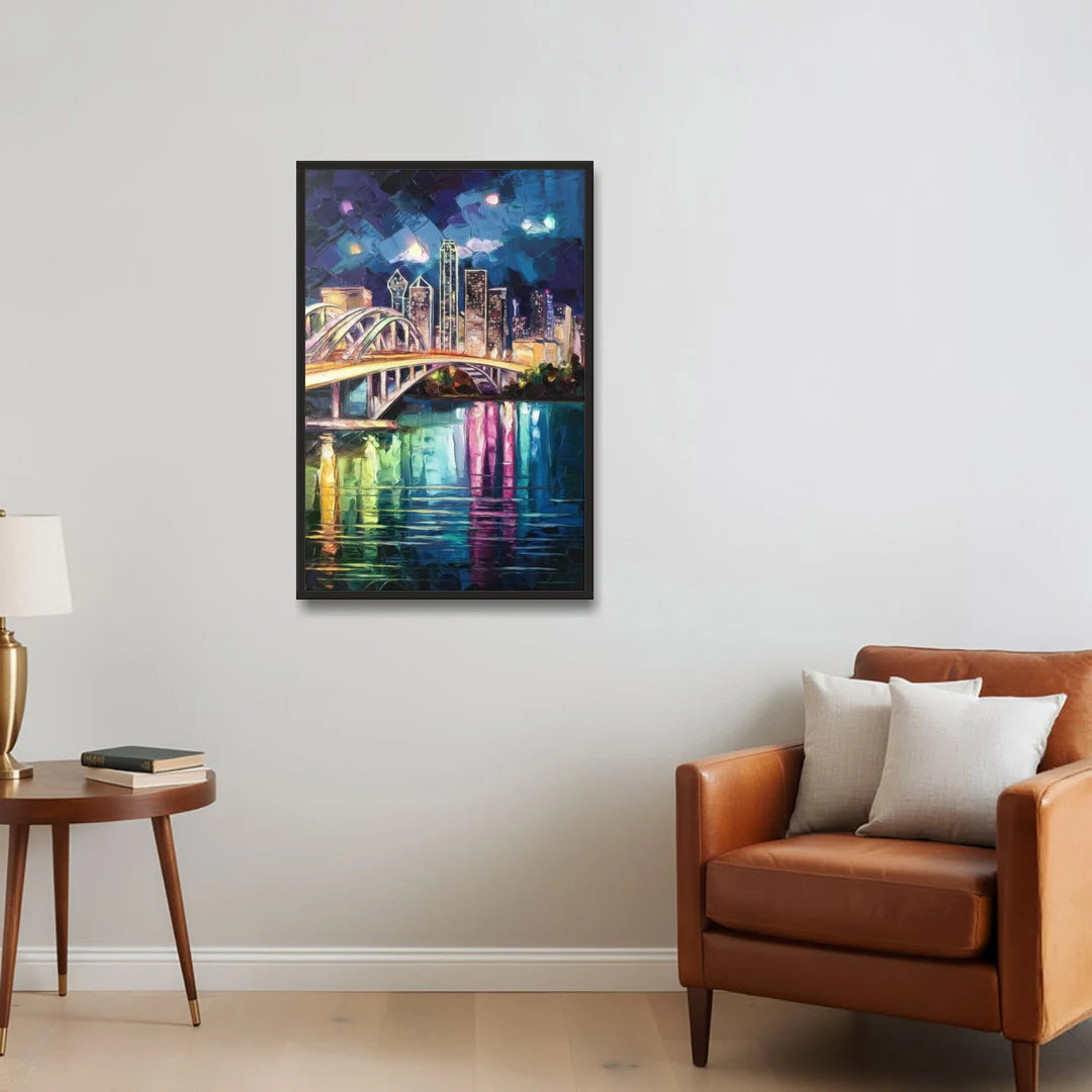 Dallas Trinity River Bridge - Black Framed Canvas Wall Art - Sofa - 24x36