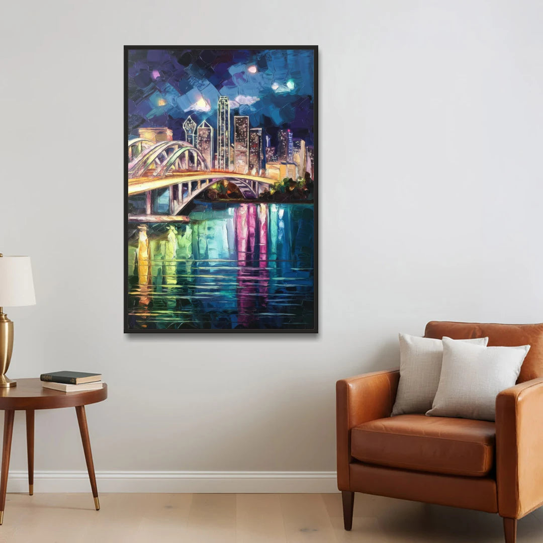 Dallas Trinity River Bridge - Black Framed Canvas Wall Art - Sofa - 32x48