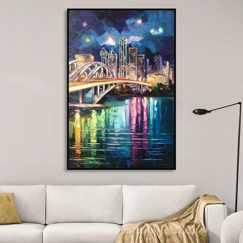 Dallas Trinity River Bridge Sitting Room - Black Canvas Wall Art